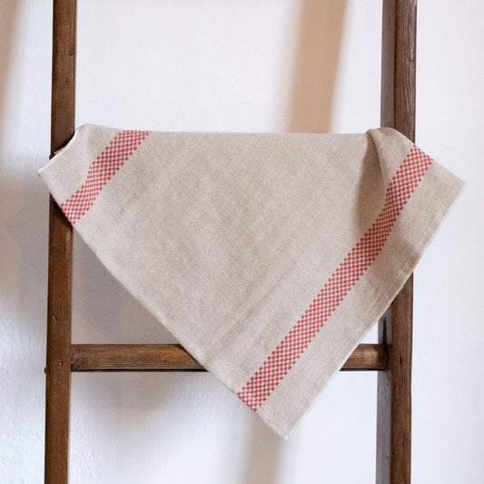 Linen Tea Towel - Chequered Natural & Rouge