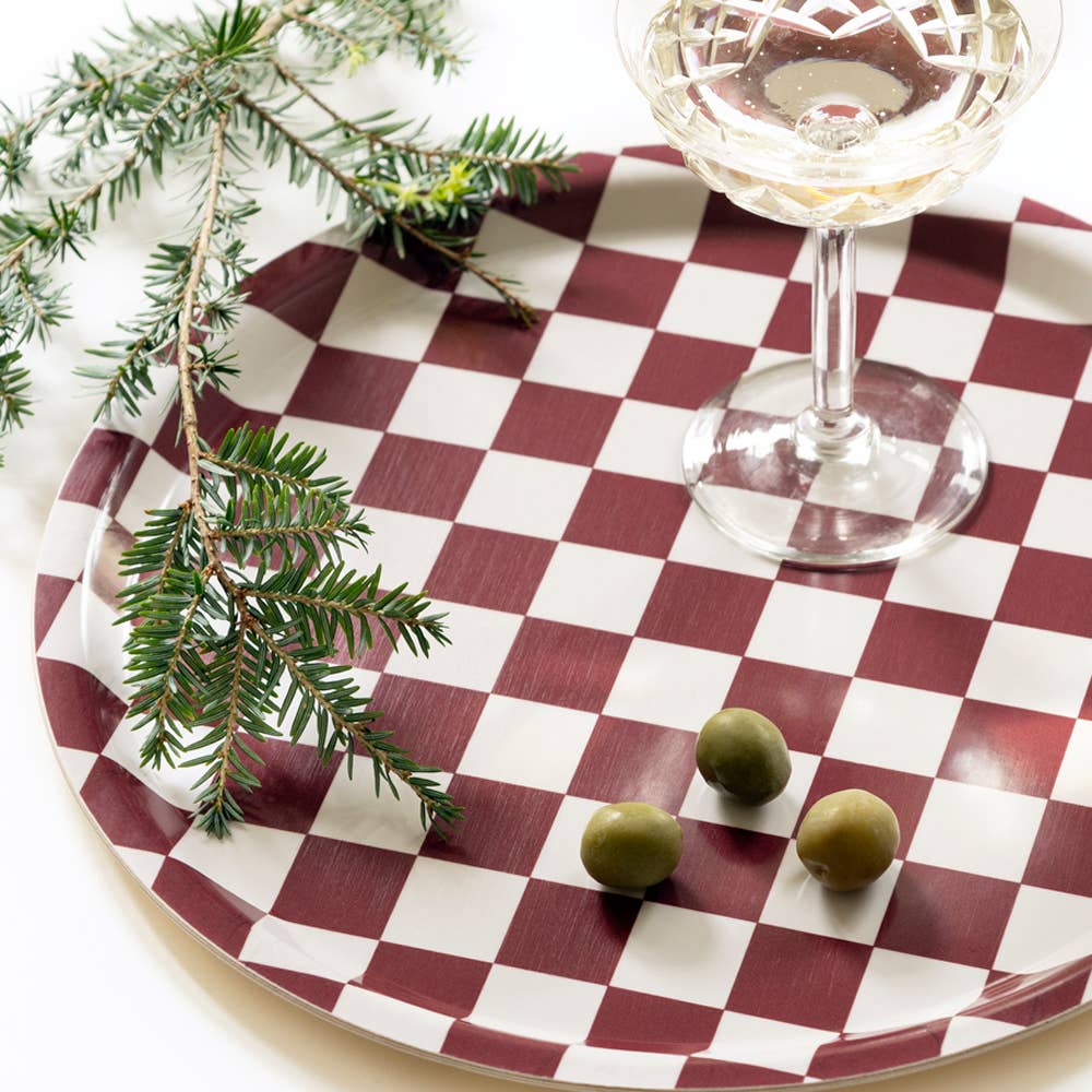 Burgundy & Cream - Round Checker Serving Tray
