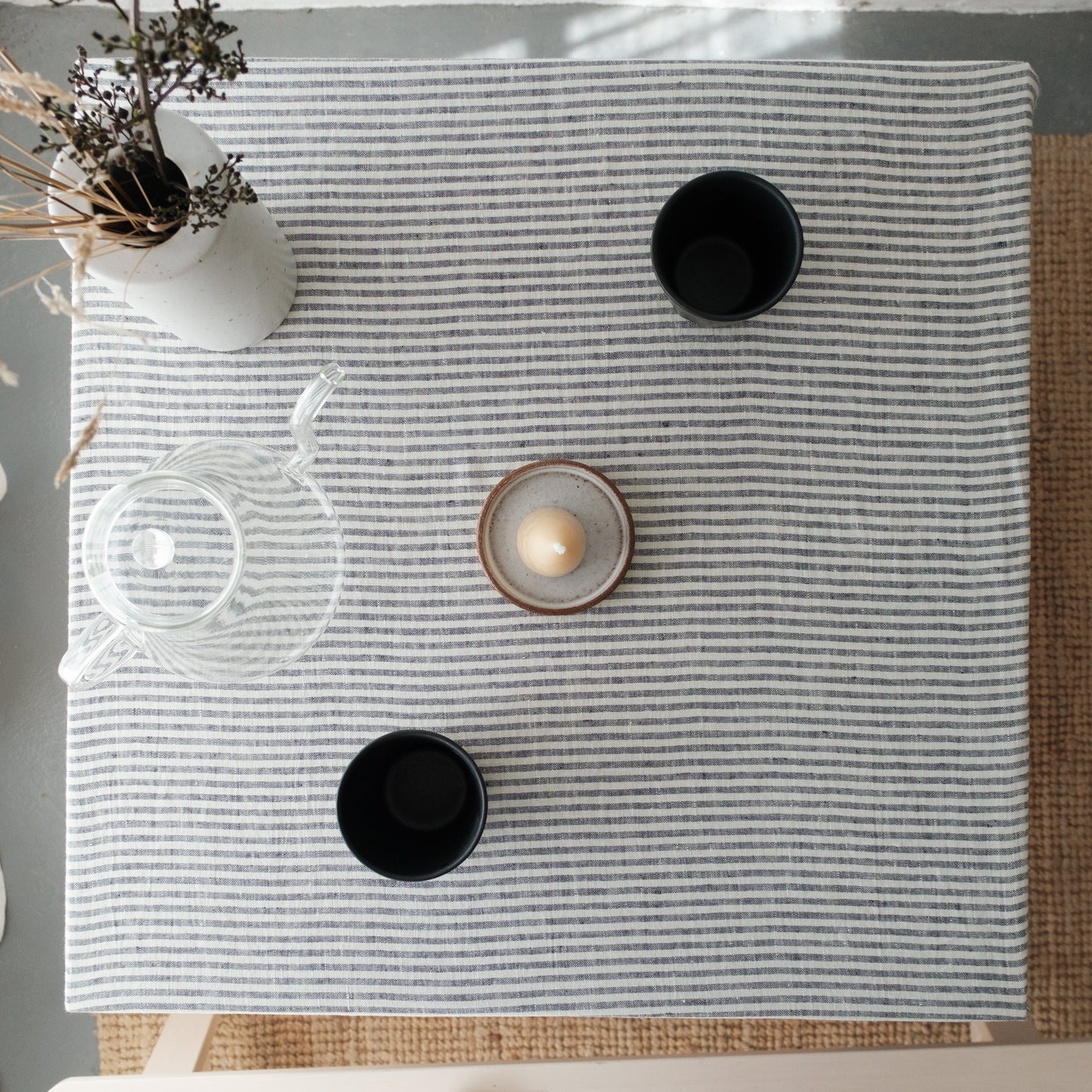 Square Linen Tablecloth - Thin Black Stripes