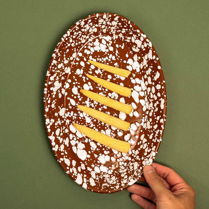 Oval Enamel serving Plate - Brick and White Splatter
