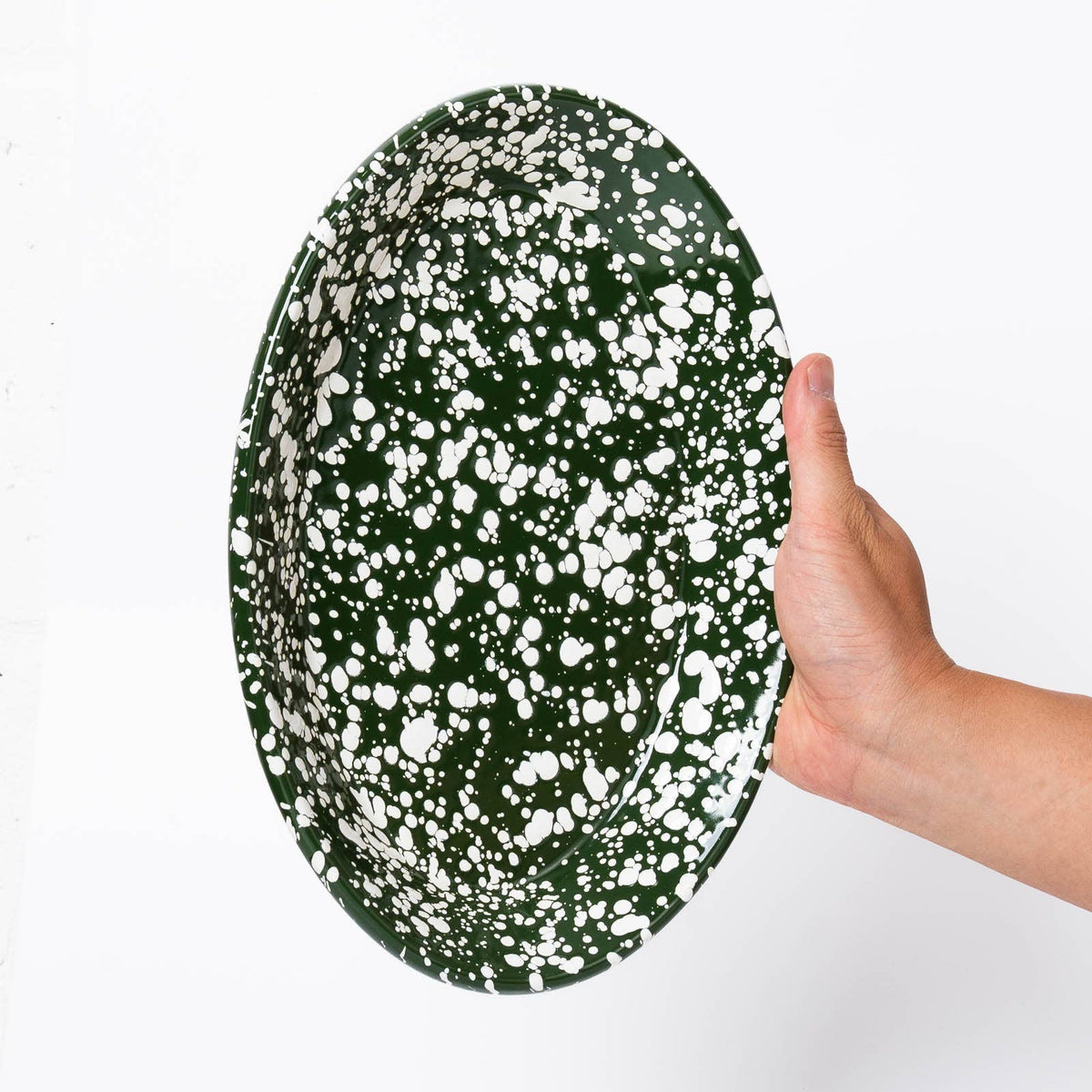 Oval Enamel serving Plate - Olive Green and White Splatter