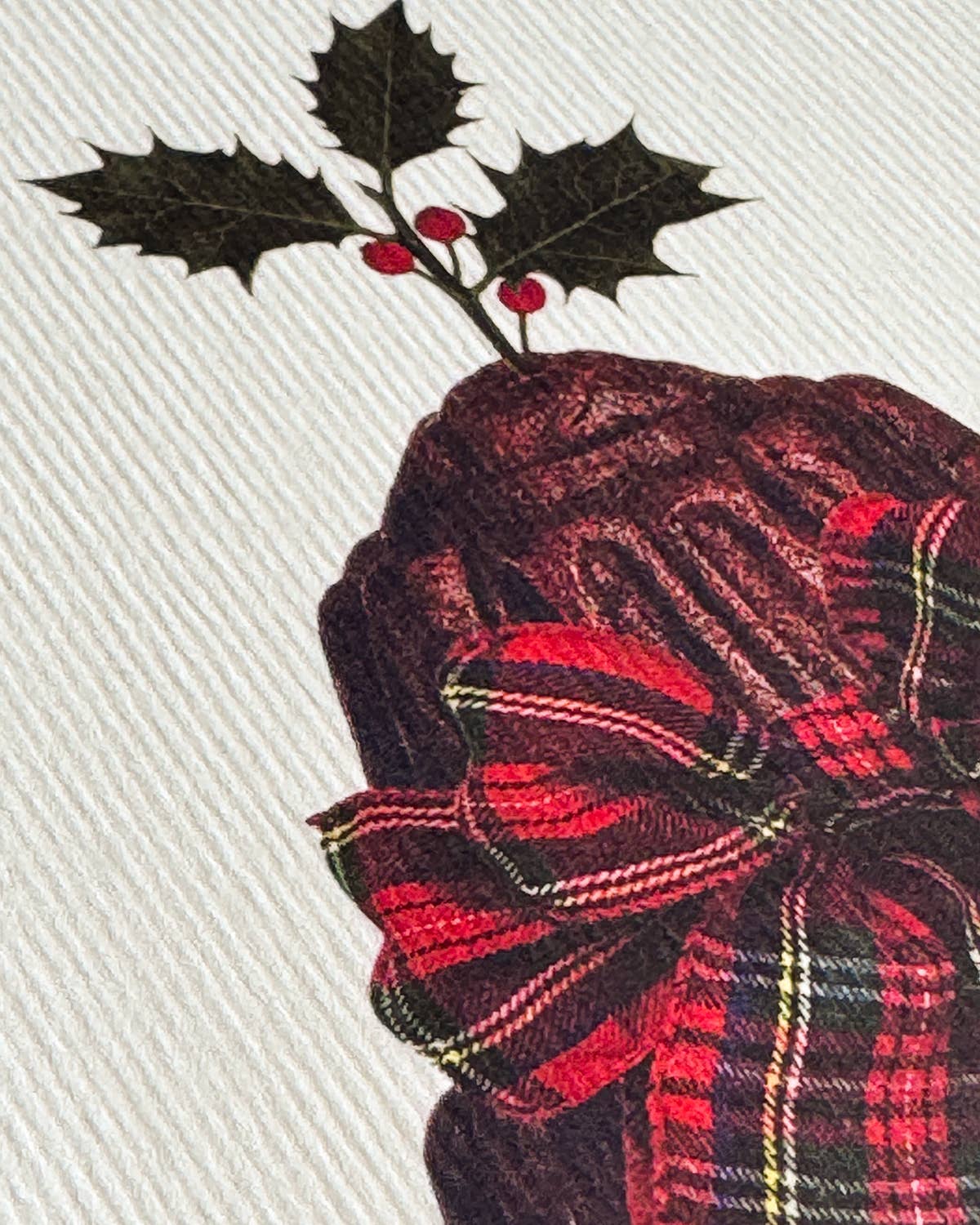 Greeting Card - Christmas Plum Pudding Red Tartan Bow