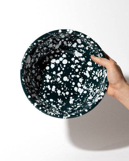 Large Enamel serving Bowl - Dark Green and White Splatter
