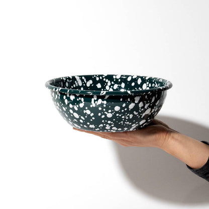 Large Enamel serving Bowl - Dark Green and White Splatter