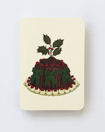 Greeting Card - Christmas Plum Pudding Green Bows