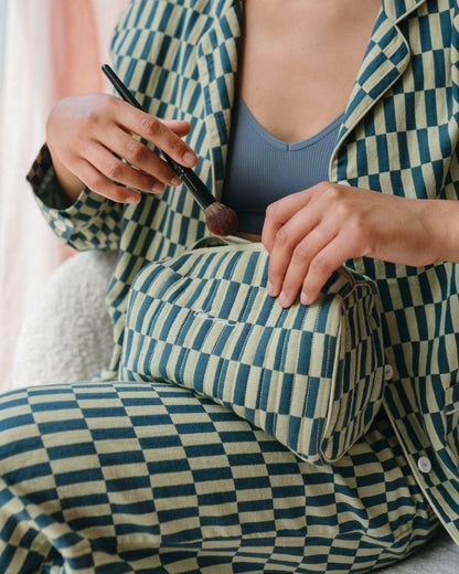 Cotton Wash Bag - Green Checkerboard