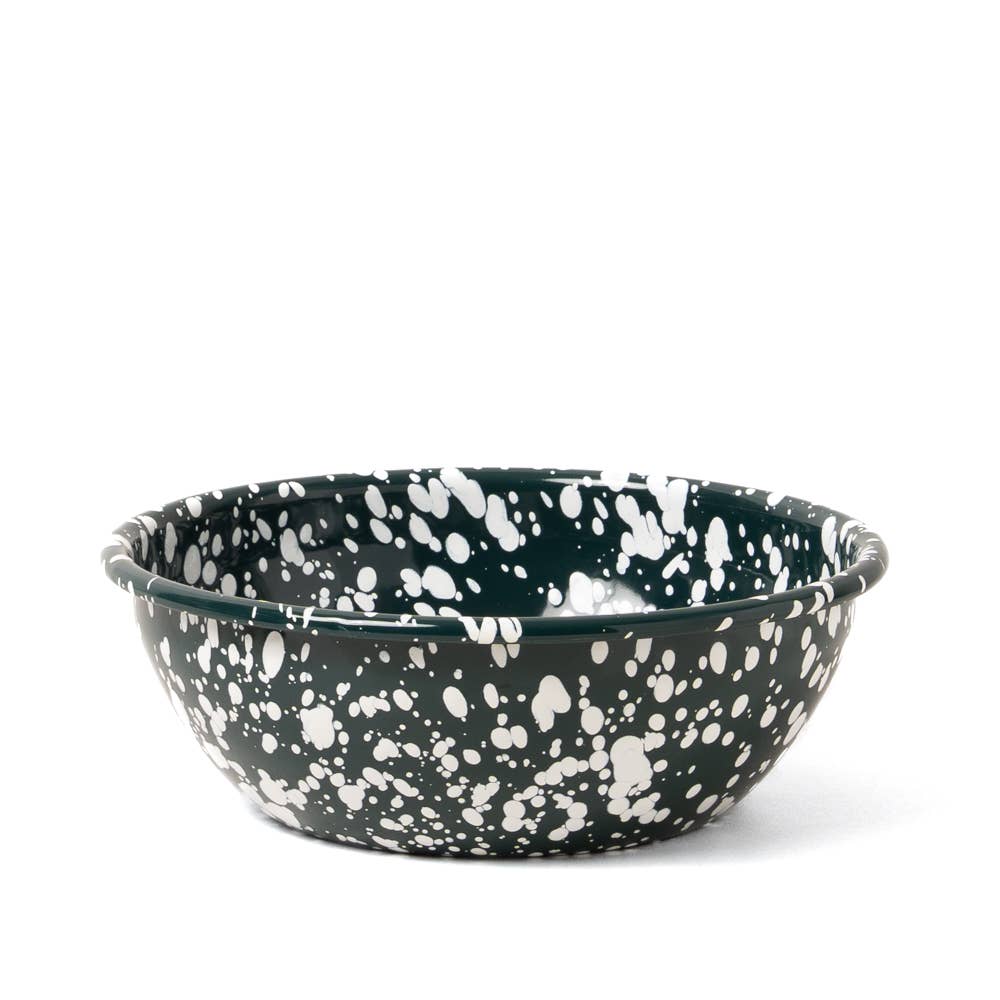 Large Enamel serving Bowl - Dark Green and White Splatter