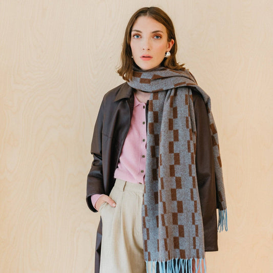 Oversized Lambswool Scarf - Blue Checker