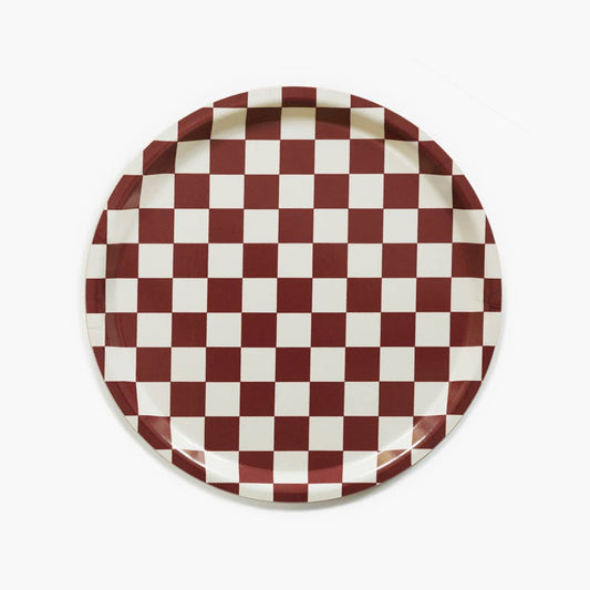 Burgundy & Cream -  Round Checker Serving Tray