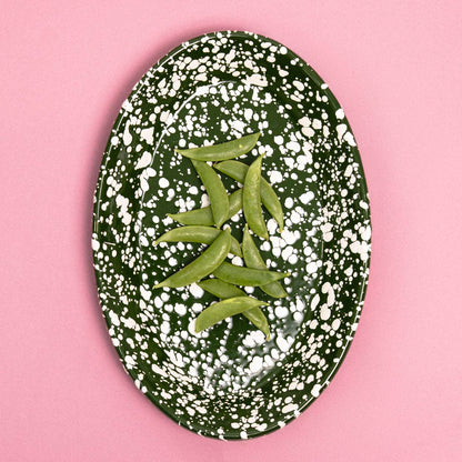 Oval Enamel serving Plate - Olive Green and White Splatter