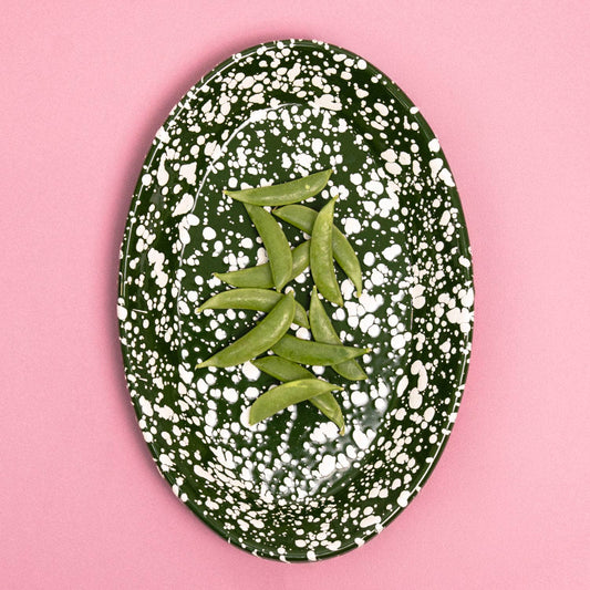 Oval Enamel serving Plate - Olive Green and White Splatter