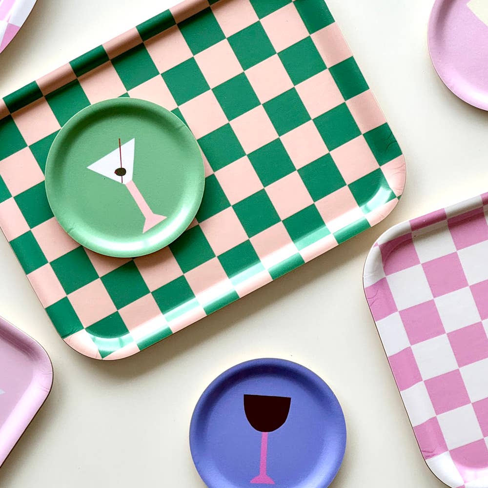 Peach & Grass Green - Checkered Rectangular Serving Tray