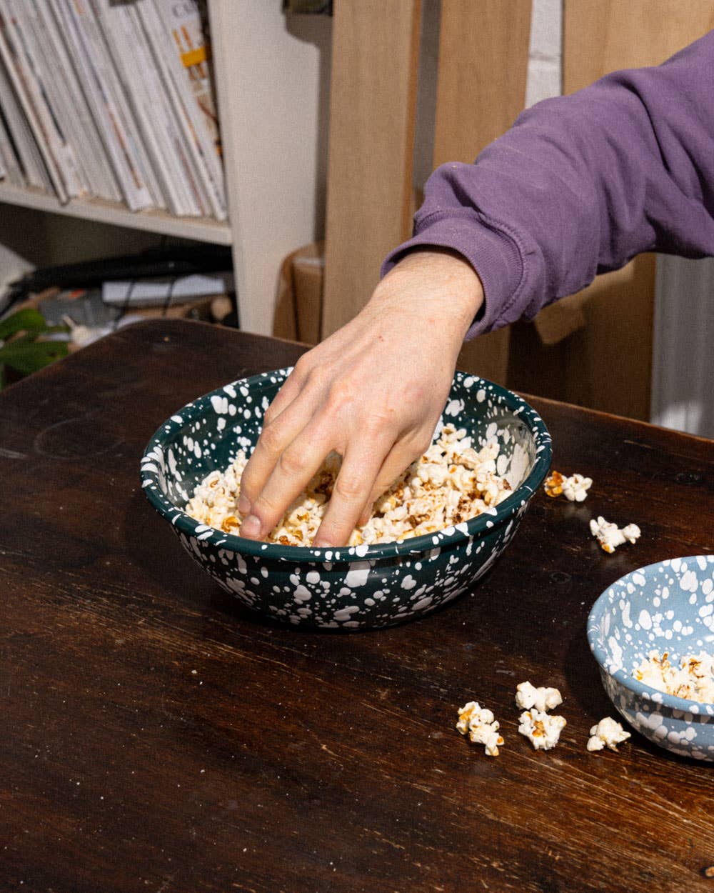 Large Enamel serving Bowl - Dark Green and White Splatter
