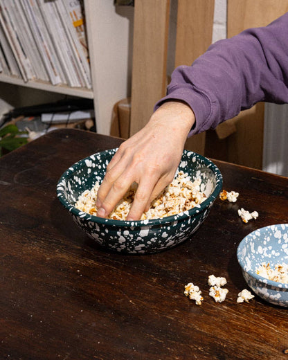 Large Enamel serving Bowl - Dark Green and White Splatter