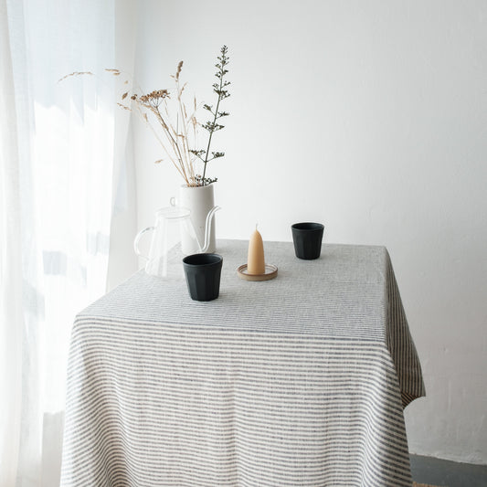 Square Linen Tablecloth - Thin Black Stripes